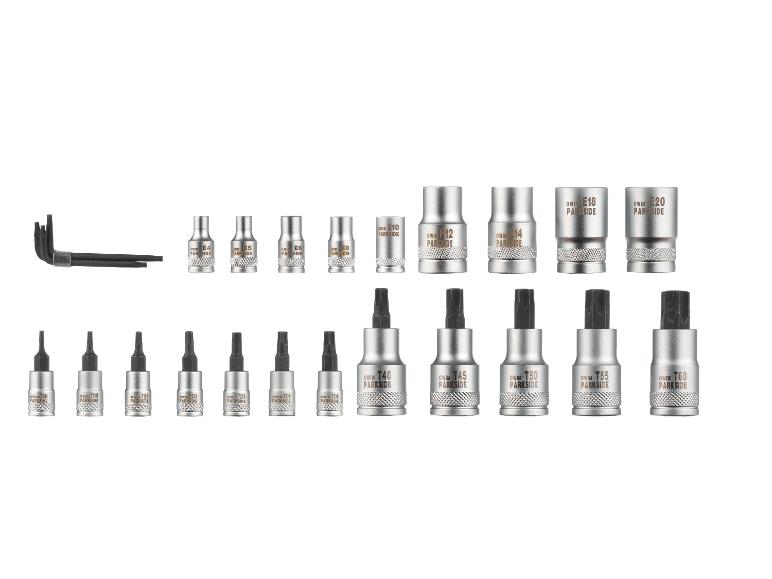 Jeu de douilles Parkside : clés à fourche et douilles hexagonales et Torx.