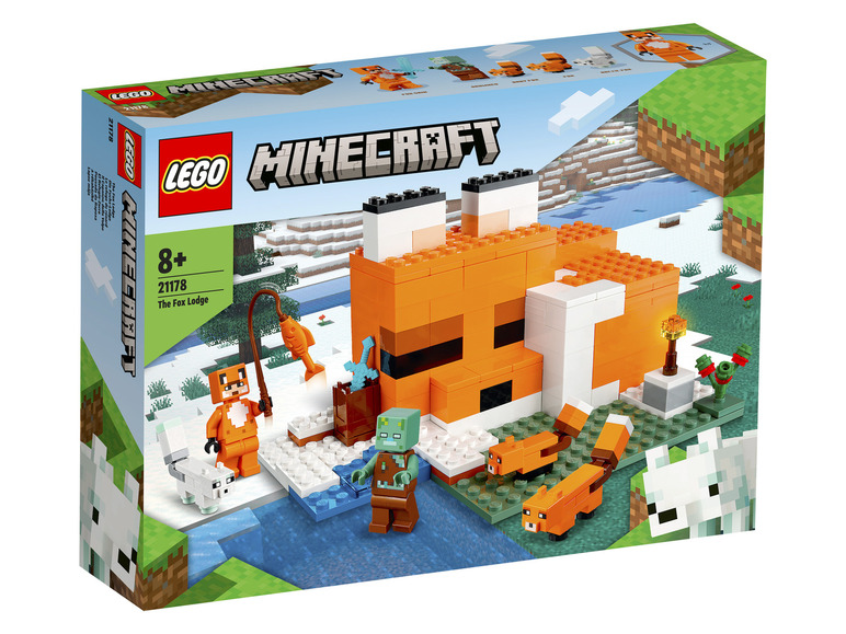 LEGO Minecraft set avec un renard, une cabane et un zombie.