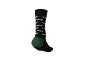Chaussette noire avec motif texturé blanc et talon vert sur fond noir.