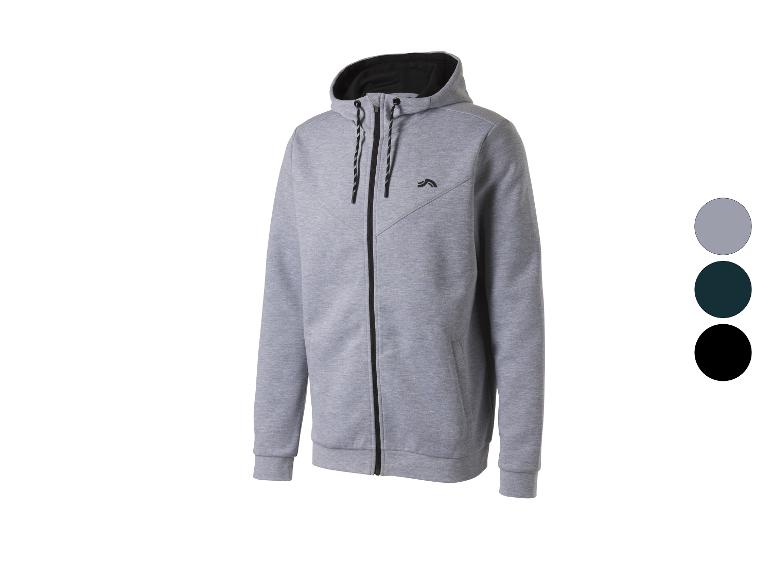 Sweat à capuche zippé gris pour homme avec détails noirs et trois options de couleur.
