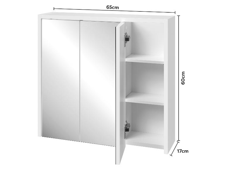 Armoire de salle de bain blanche avec miroir, 65x60x17cm, avec étagères ouvertes et portes.