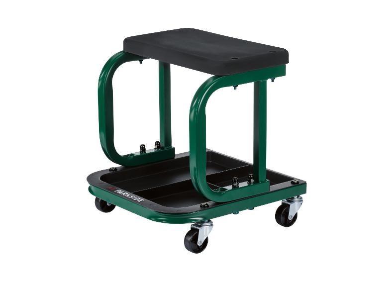 Chariot de jardin Parkside avec siège et rangement, vert et noir.