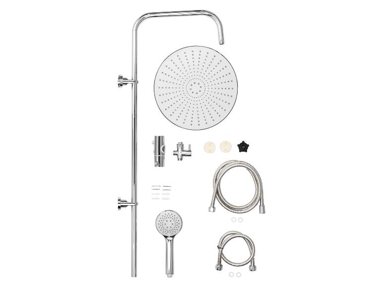 Un ensemble de douche avec une pomme de douche grande, une douchette, un tuyau et des accessoires de montage.