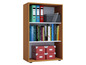 Une étagère en bois avec trois tablettes contenant des dossiers, des livres et des boîtes.