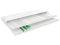 Une coupe transversale d'un matelas avec différentes couches de mousse et un noyau vert.