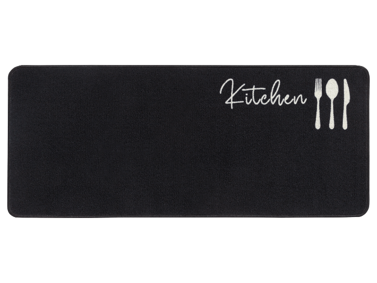 Tapis de cuisine noir avec inscription "Kitchen" et couverts.