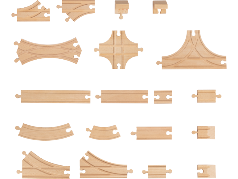 Pièces de jeu de train en bois, y compris des rails droits, courbes et des croisements.
