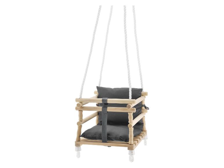 Balançoire bébé en bois avec coussins gris et cordes blanches