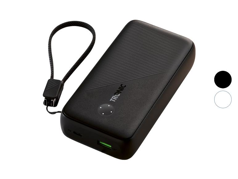 Batterie externe noire avec surface texturée et dragonne.