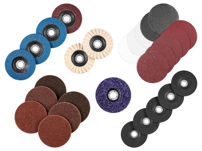 Un assortiment de disques de meulage, y compris des disques à lamelles, de polissage et abrasifs de diverses couleurs et tailles.