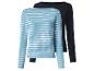 Deux hauts à manches longues pour femmes : un rayé turquoise et blanc, un noir.