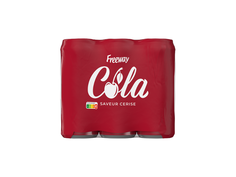 Pack de six canettes de cola cerise avec un Nutri-Score.