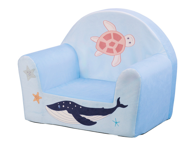 Un fauteuil enfant bleu avec un imprimé baleine et tortue.