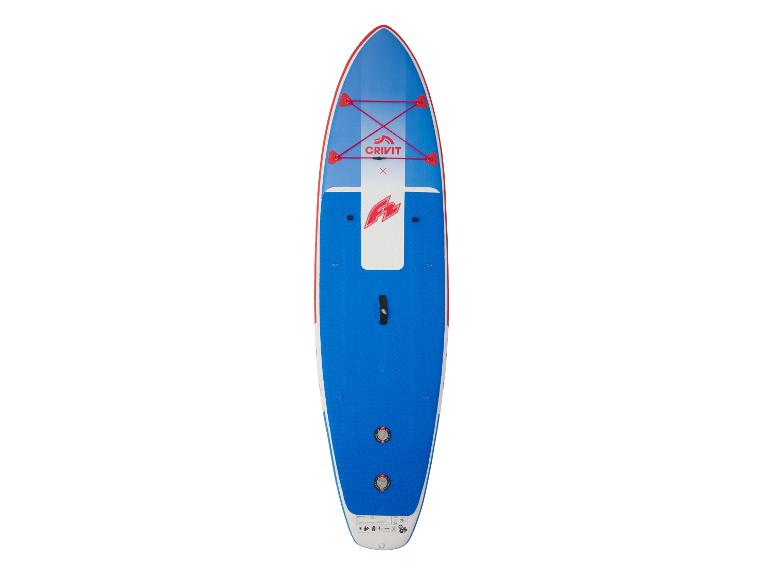 Planche de SUP gonflable bleue et blanche avec des détails rouges
