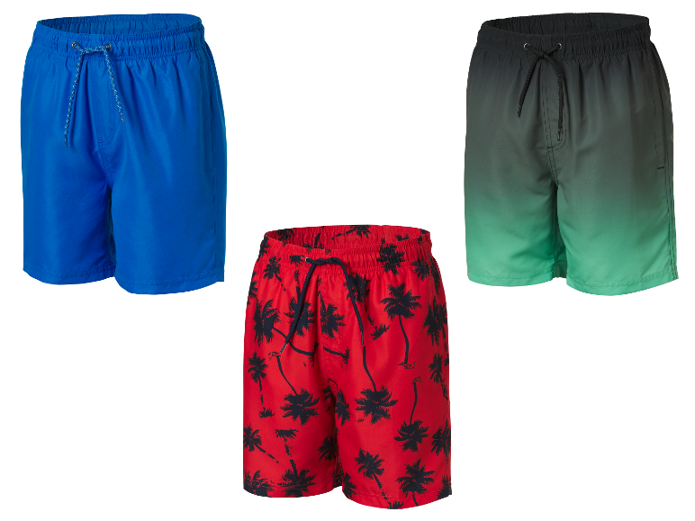 Trois shorts de bain pour hommes : bleu, vert dégradé et rouge à imprimé palmier.