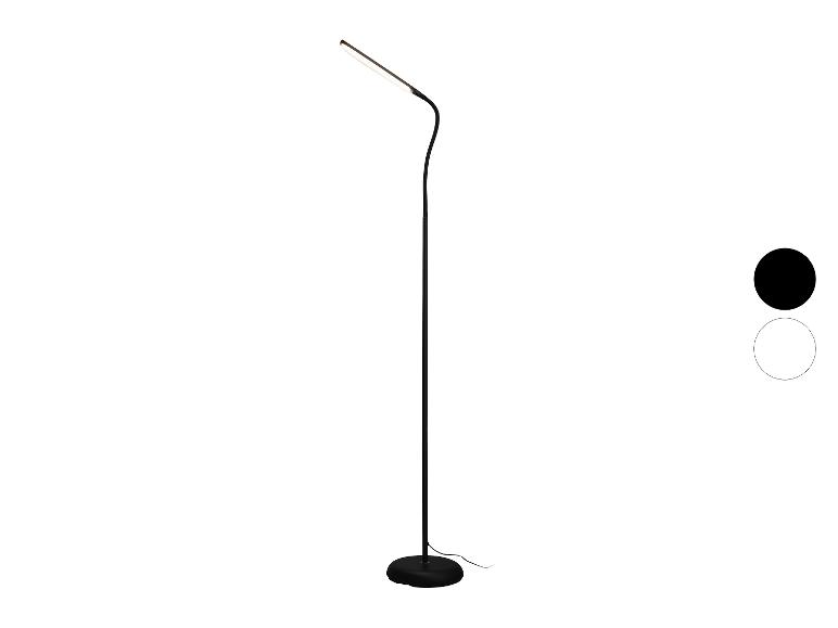 Lampadaire LED noir avec base ronde et options de couleur noir et blanc.