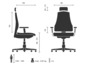 Chaise de bureau noire avec accoudoirs, dossier et roulettes.