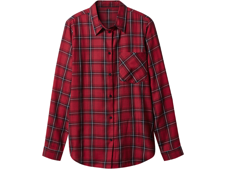 Chemise à carreaux rouge à manches longues avec poche poitrine.