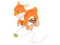 Un renard en peluche avec des roues en bois et une corde pour tirer.