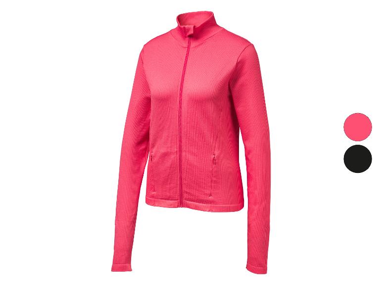 Veste de sport fuchsia pour femme avec fermeture éclair et col montant, disponible en fuchsia et noir.