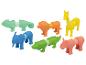 Jouets d'animaux en caoutchouc colorés, incluant éléphant, lion et rhinocéros.