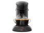 Une machine à café Senseo noire de Philips prépare deux tasses de café.