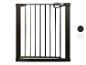 Barrière de sécurité enfant en métal noir avec poignées grises, avec options de couleur noire et blanche.