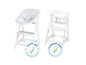 Deux chaises hautes blanches, l'une avec un siège rembourré et l'autre avec un plateau.