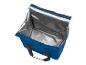 Sac isotherme bleu avec doublure argentée, idéal pour transporter des aliments ou des boissons.