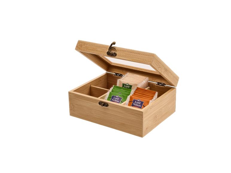 Boîte à thé en bambou avec trois compartiments, remplie de sachets de thé Lord Nelson.