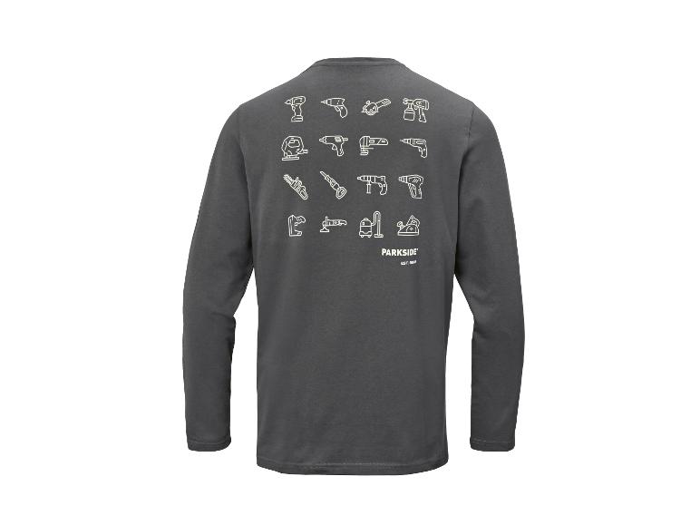 T-shirt gris à manches longues avec divers outils électriques et texte