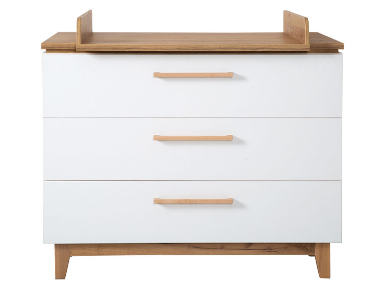 Commode blanche à trois tiroirs avec un plateau en bois