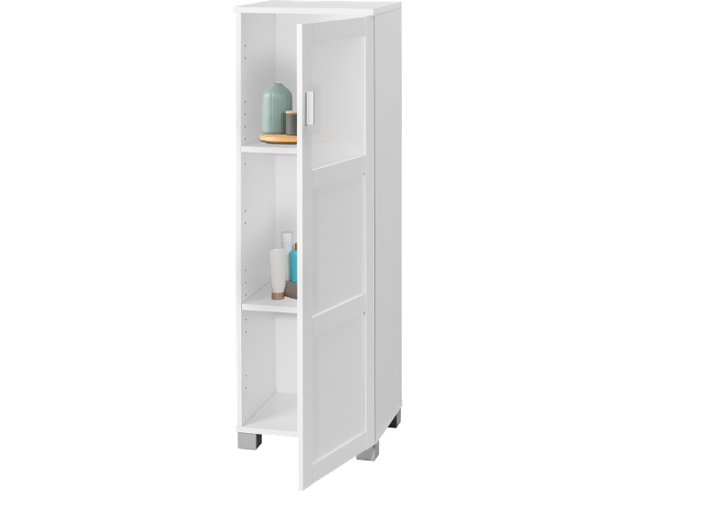 Meuble de salle de bain blanc avec étagère ouverte présentant des articles de toilette et de la décoration.