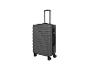 Valise grise avec poignée télescopique et quatre roues.