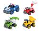 Quatre véhicules jouets : une voiture de police bleue, un camion de pompiers rouge, un camion poubelle vert et un camion benne jaune.
