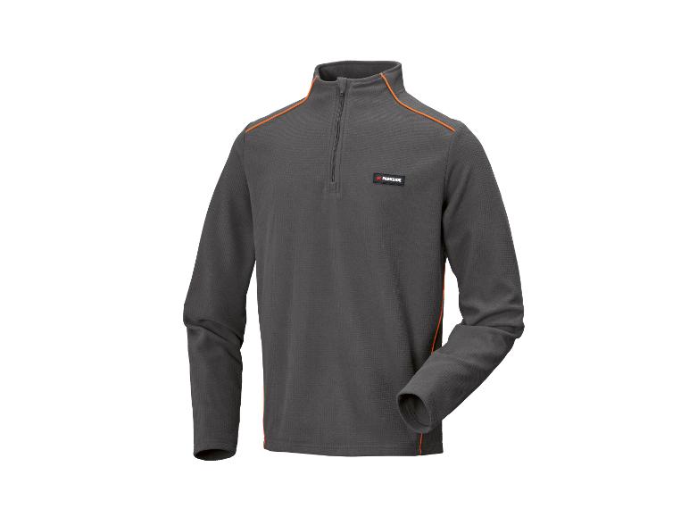 Polaire gris foncé avec liseré orange et col zippé.