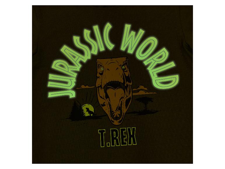 T-shirt avec imprimé Jurassic World T.REX, représentant une tête de dinosaure et un texte lumineux.