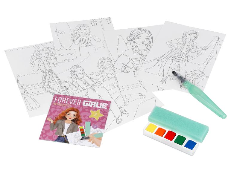 Set d'aquarelle Forever Girlie avec pinceau à eau, éponge et feuilles à colorier