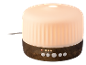 Diffuseur d'huiles essentielles en bois et verre dépoli avec boutons de commande et voyants lumineux.