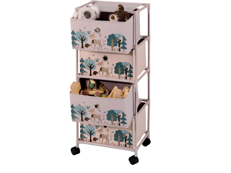 Étagère de rangement pour jouets avec motifs forêt et animaux, sur roulettes.
