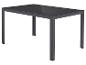 Table de jardin avec plateau en verre gris foncé et cadre métallique.