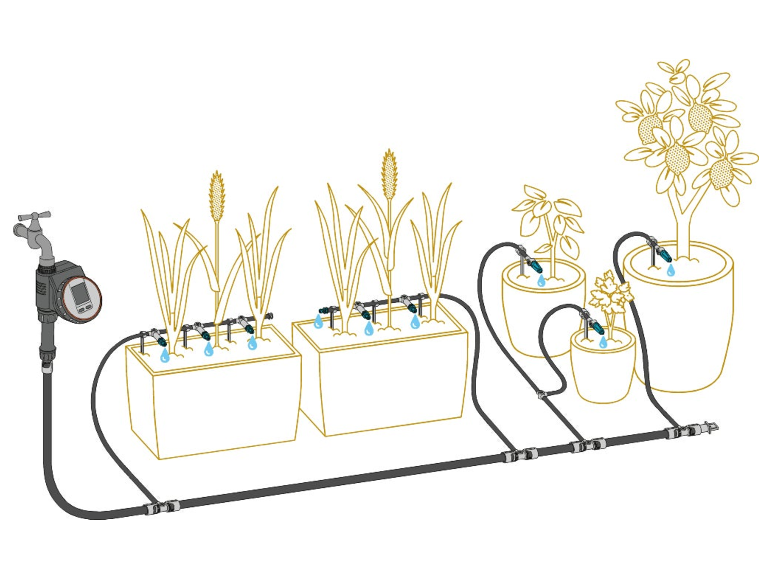 Système d'irrigation goutte-à-goutte pour plantes en pot et bacs.