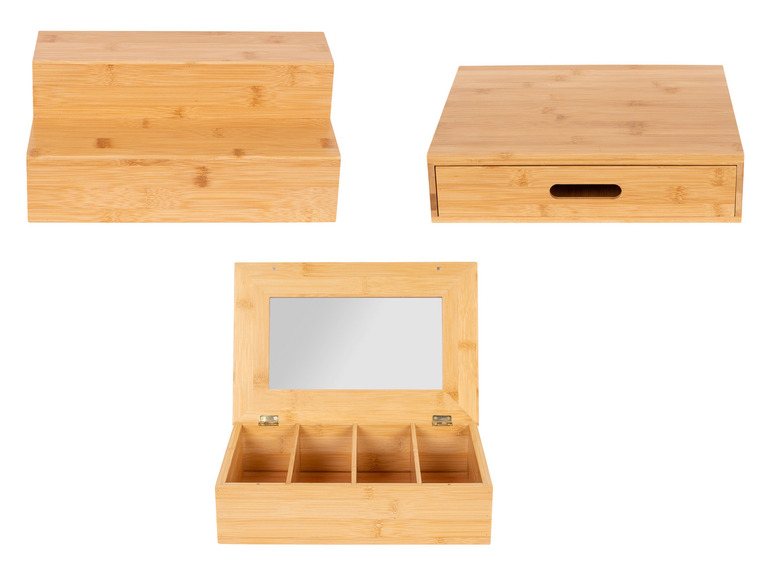 Une boîte de rangement en bois avec miroir, un tiroir et un rehausseur à deux niveaux.