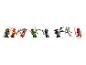 Huit figurines LEGO Ninjago en action, avec des armes et des effets de mouvement.