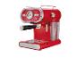 Machine à expresso rouge de style rétro avec manomètre et buse vapeur.