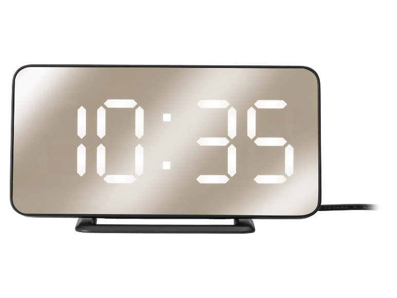Réveil numérique avec affichage miroir indiquant 10:35