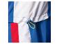 Détails d'une veste de survêtement bleu, blanc et rouge.