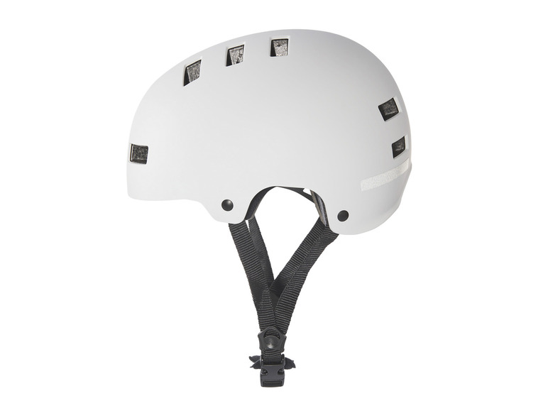 Un casque de vélo blanc avec des sangles noires.