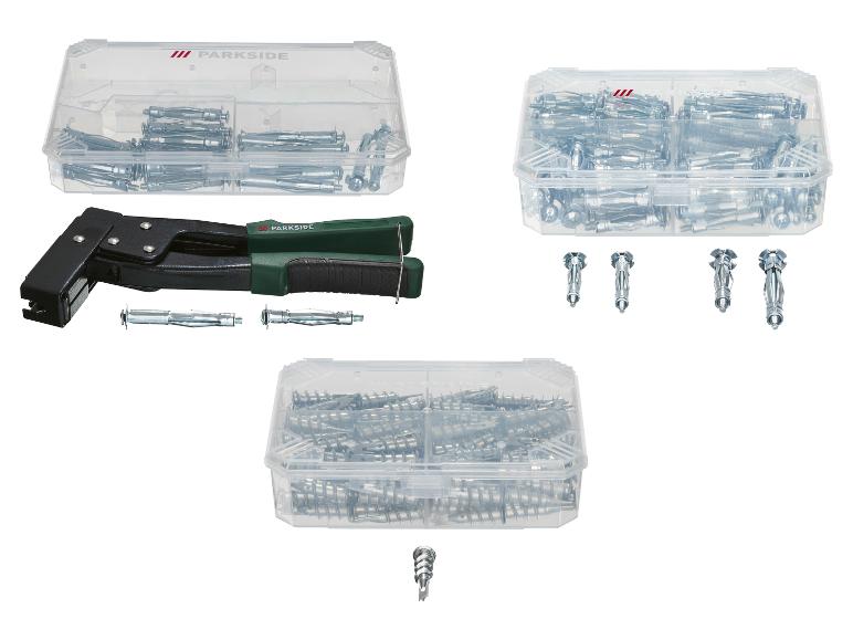 Kits de chevilles pour plaques de plâtre PARKSIDE avec outil de pose et chevilles variées dans des boîtiers transparents.