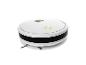 Aspirateur robot blanc avec bordure noire et boutons jaunes